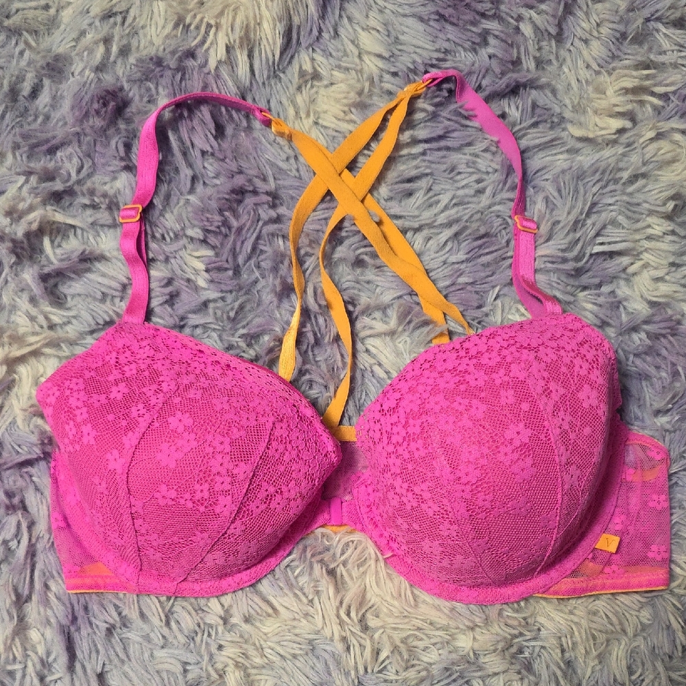 Victoria's Secret Pink and Orange Front Close Demi Lace Bra